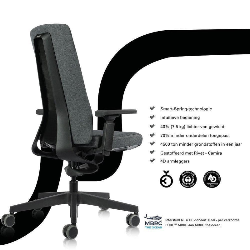 Interstuhl bureaustoel PURE PU113 met grijze bekleding, ergonomisch design kantoormeubilair