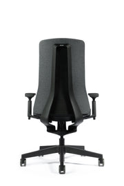 Moderne Interstuhl bureaustoel, grijs met zwarte rug, ergonomisch design op wieltjes