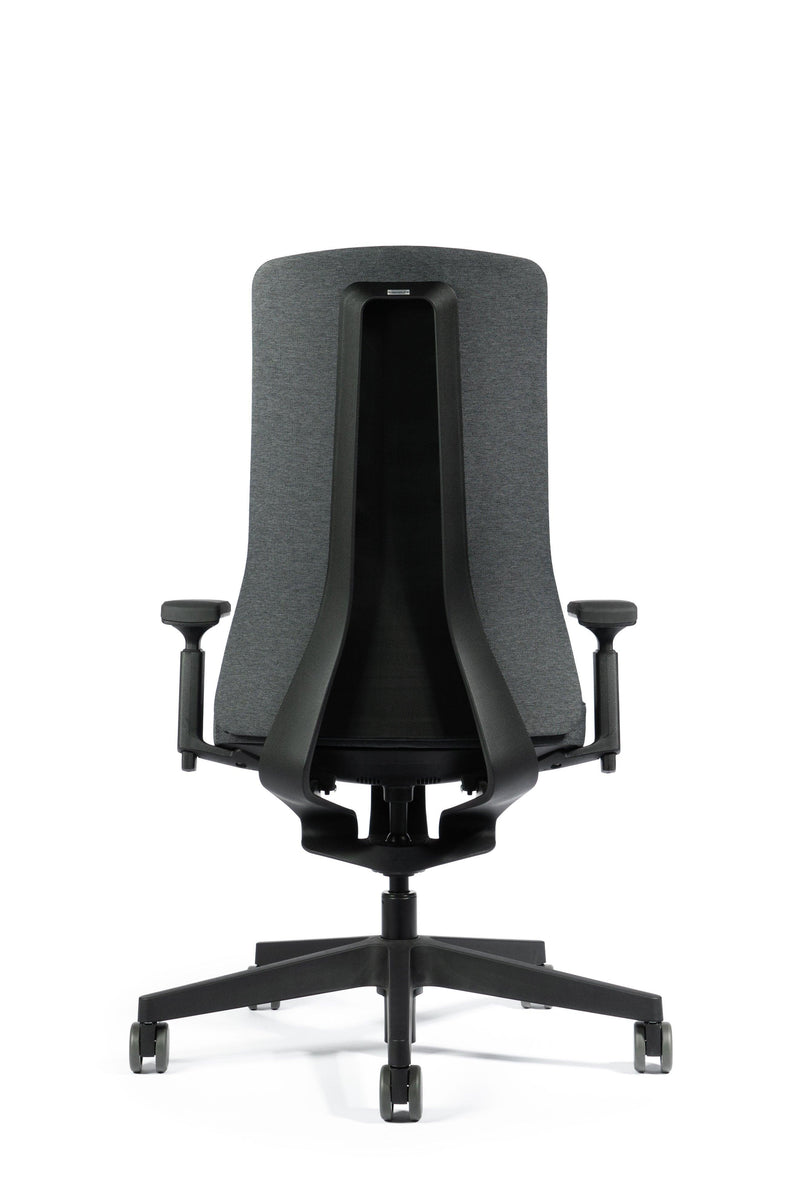 Moderne Interstuhl bureaustoel, grijs met zwarte rug, ergonomisch design op wieltjes