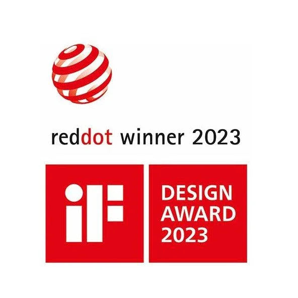 Logo's Red Dot Winner 2023 en iF Design Award 2023 in rood en wit ontwerp