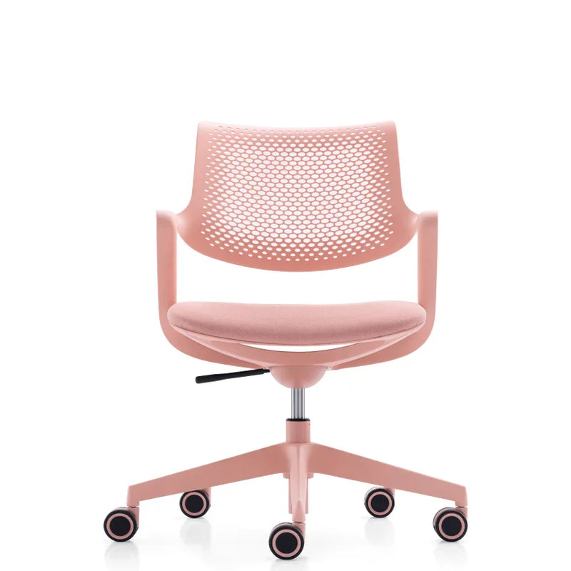 Roze design bureaustoel met mesh rugleuning, draaibaar, op wielen, kantoorstoel modern