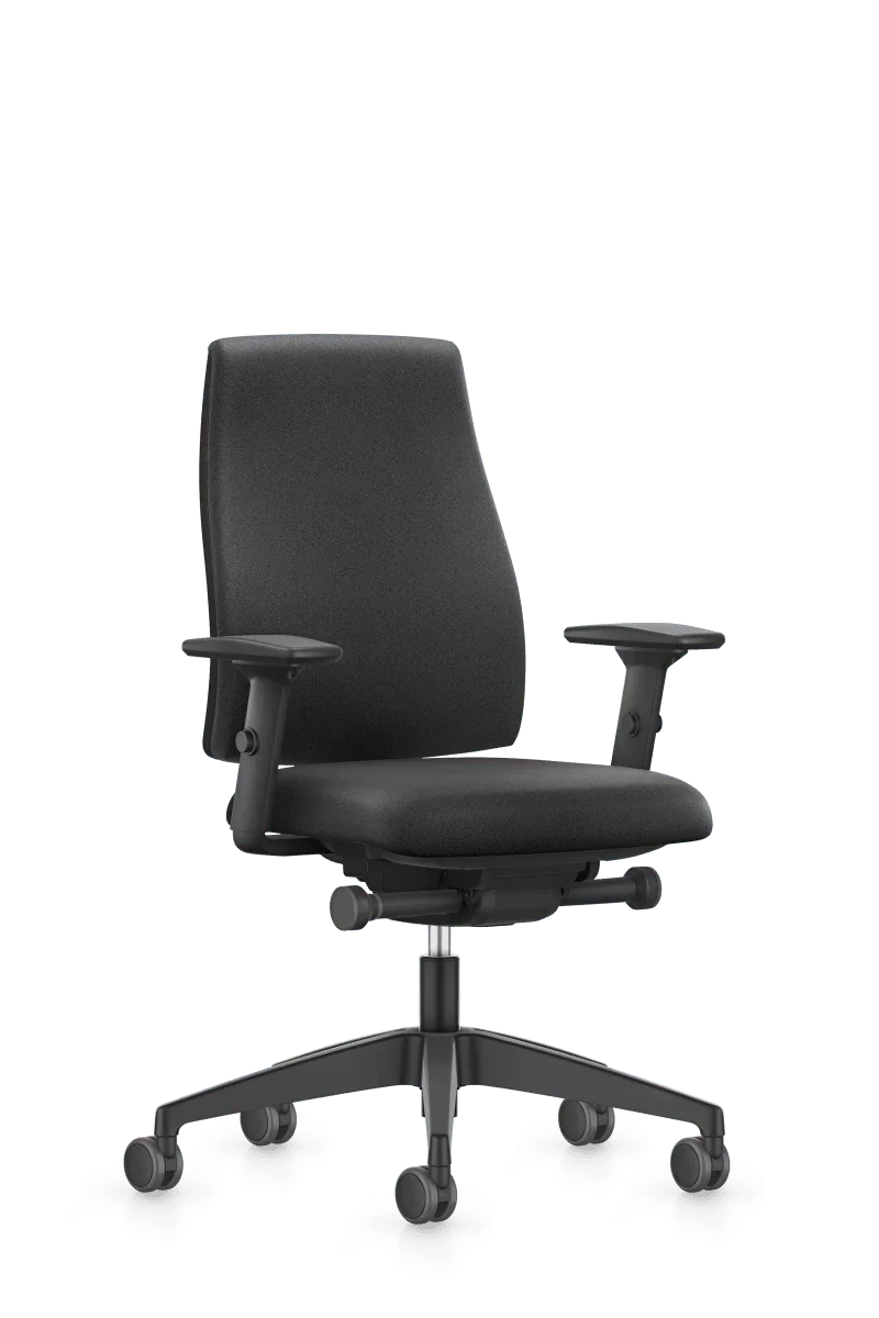 Zwarte ergonomische bureaustoel met verstelbare armleuningen, design kantoormeubel