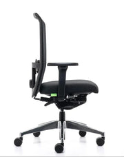 Zwarte ergonomische bureaustoel met verstelbare armleuningen, kantoormeubilair design