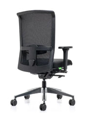 Zwarte ergonomische bureaustoel met mesh rugleuning en verstelbare armleuningen, kantoormeubilair