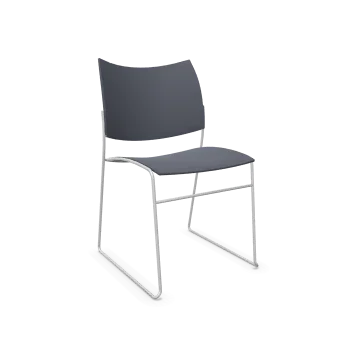 Moderne stapelbare kantoorstoel met metalen frame en donkergrijze zitting, kantoormeubilair