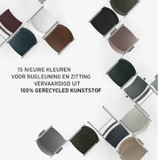 Design kantoormeubilair, Curvy stoelen in 15 kleuren van gerecycled kunststof, kantoor omgeving.