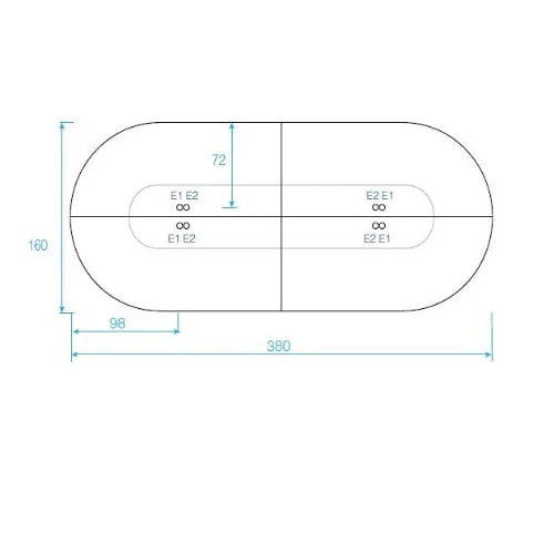 Technische tekening vergadertafel met ovale vorm en afmetingen, kantoorontwerp