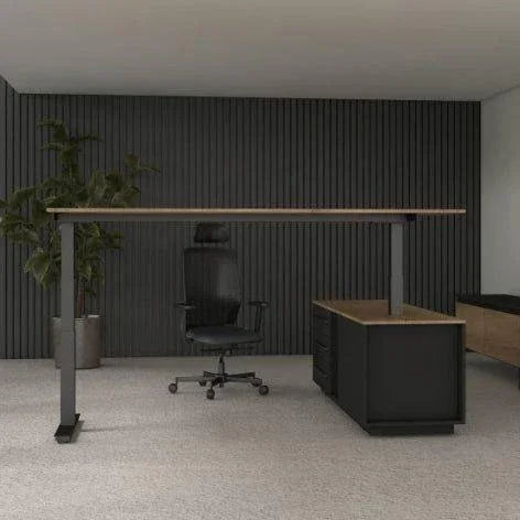 Modern directiebureau Cube hoekcombinatie zit-sta met bureaustoel in kantoorruimte