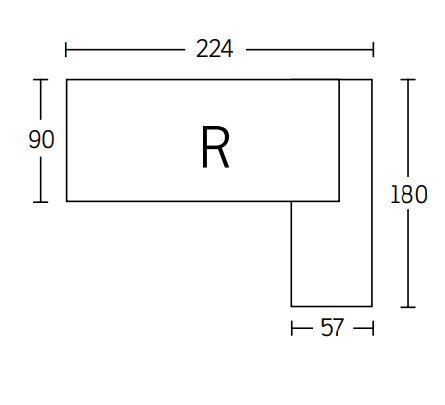 Technische tekening van een cube hoekbureau, afmetingen 224x90 cm en 180x57 cm, rechthoekig ontwerp.