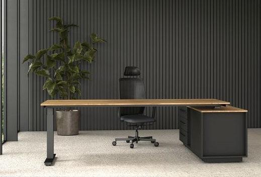 Modern directiebureau Cube hoekcombinatie zit-sta met design bureaustoel, kantoorplant, luxe kantoorinrichting