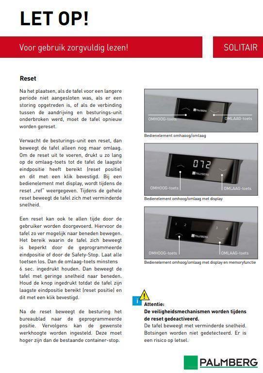 Handleiding Palmberg Crew Solitair elektrisch zit-sta bureau, resetinstructies en bediening.