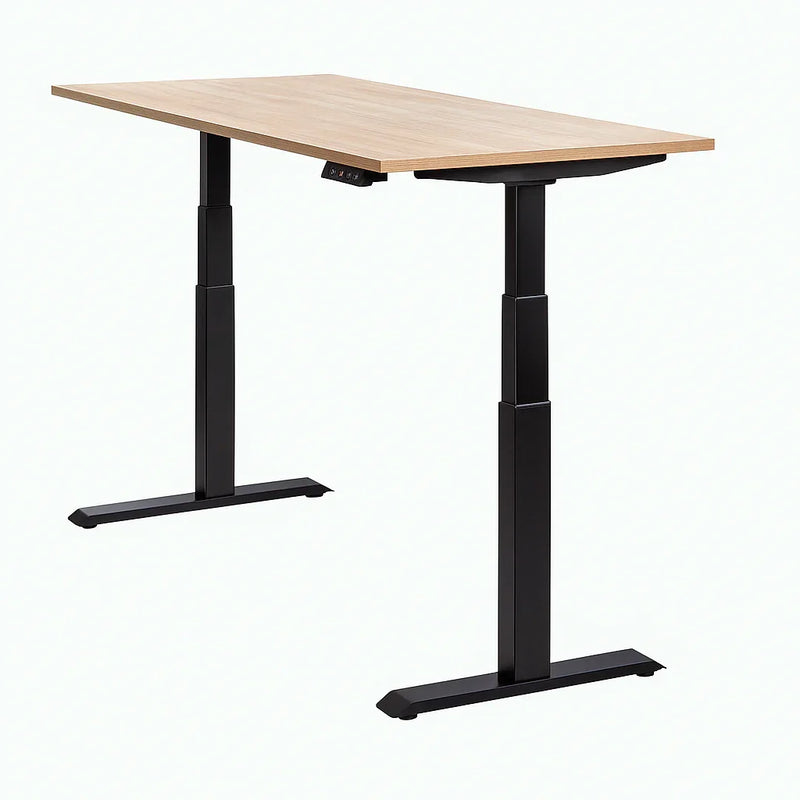 Elektrisch zit-sta bureau met zwart frame en houten blad, modern design kantoormeubilair.