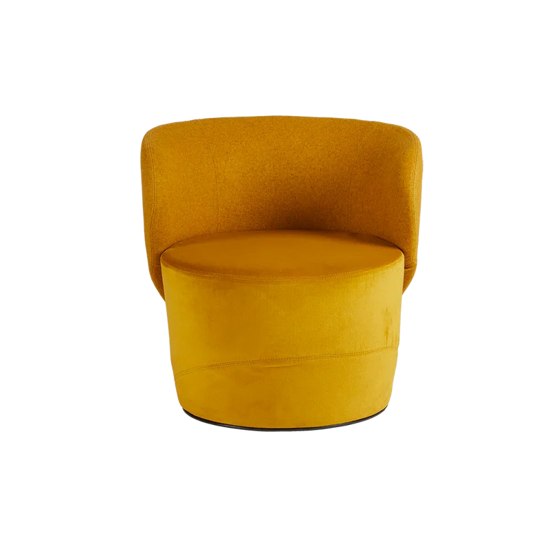 Gele design fauteuil Sofie, ronde zitting, modern kantoormeubilair voor kantoor of thuis.