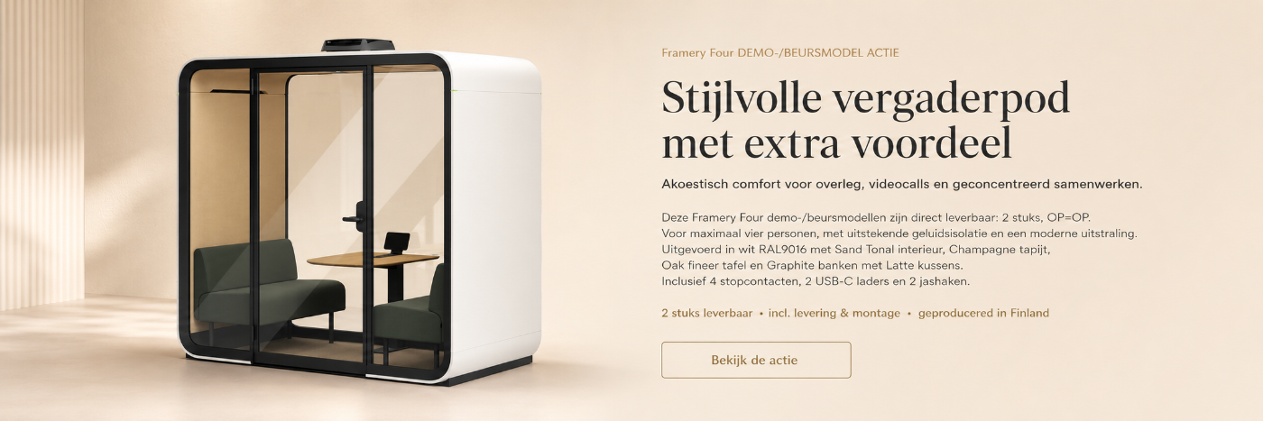 De Framery Four is een slimme, geluidsdichte vergaderpod voor moderne kantooromgevingen. Deze akoestische meeting pod is ontworpen voor overleg, hybride meetings, videocalls en geconcentreerd samenwerken met maximaal 4 personen. Dankzij de hoogwaardige geluidsisolatie creëer je eenvoudig een rustige vergaderruimte, zonder dat je hoeft te verbouwen of vaste wanden hoeft te plaatsen.