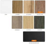 Staalkaart bureaublad kleuren: wit, havanna, halifax eik, noten hickory, robson eik, licht eik, logan eik, zwart mat voor kantoormeubels.