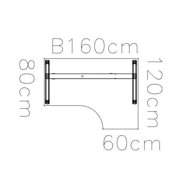 Technische tekening hoekbureau 160x120 cm, afmetingen kantoormeubilair design