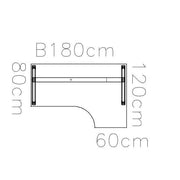 Technische tekening hoekbureau met afmetingen 180x120cm voor kantoorinrichting