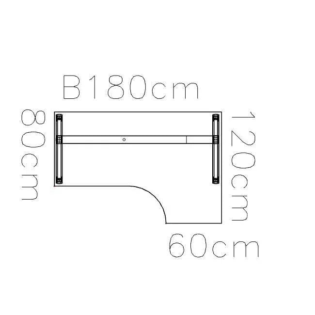 Technische tekening hoekbureau met afmetingen 180x120cm voor kantoorinrichting