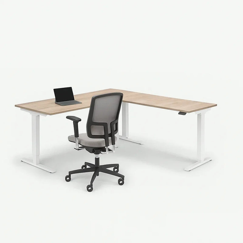 Hoekbureau zit-sta elektrisch met wit frame en bureaustoel, modern kantoormeubilair