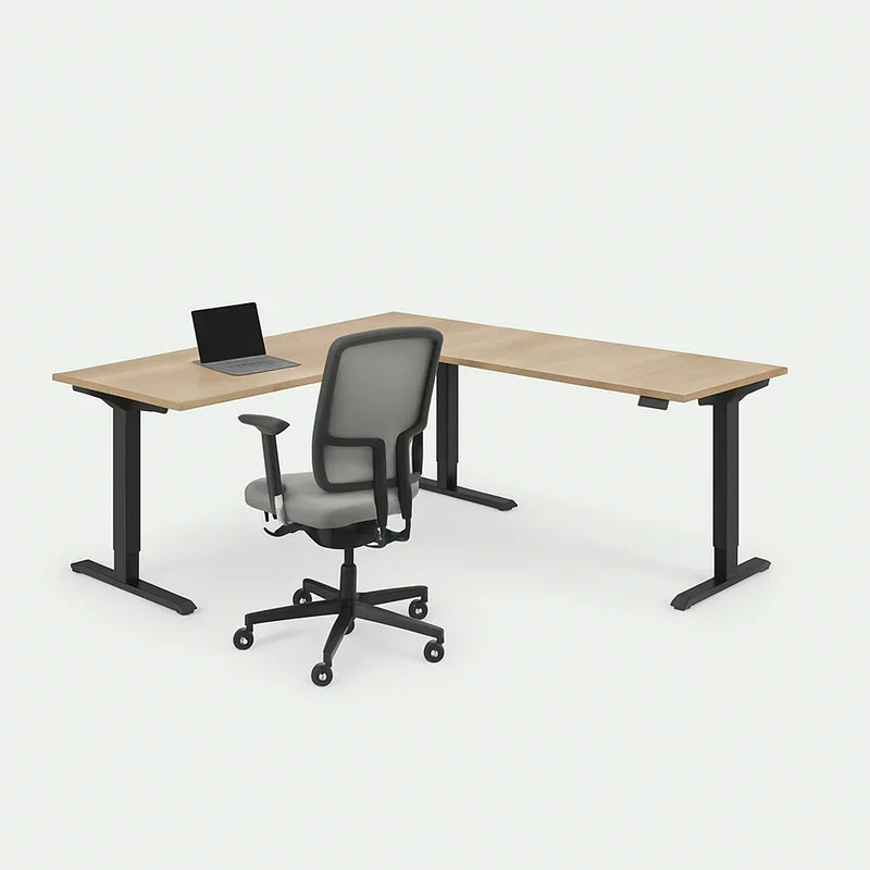 Hoekbureau zit-sta elektrisch met zwart frame, bureaustoel en laptop, kantoormeubilair