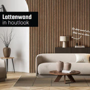 Design kantoorinrichting met houtlook lattenwand, akoestisch vilt en moderne meubels