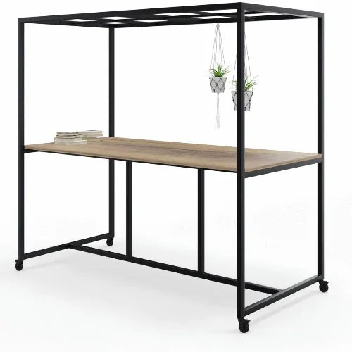 Rechte bespreek- en lunchtafel met zwart stalen frame, houten blad en wielen, kantoormeubilair