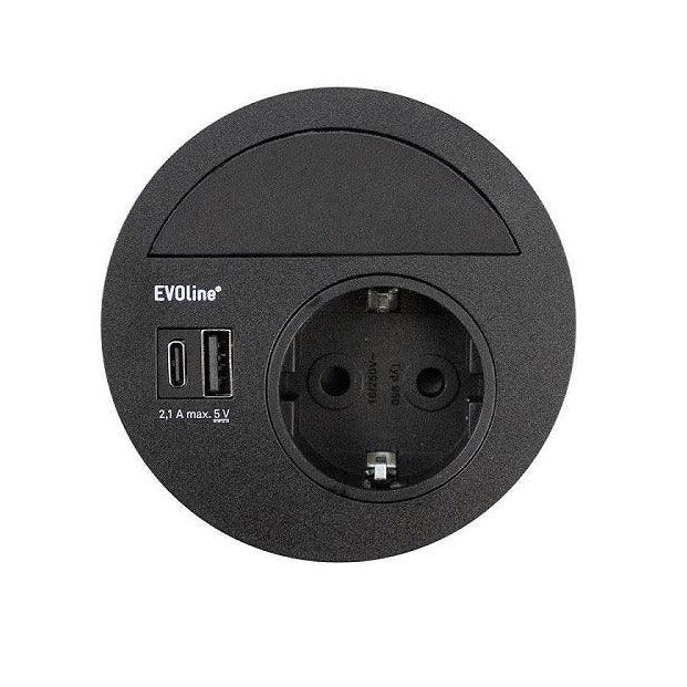 Zwarte EVOline Circle 80 inbouw stopcontact met USB-A en USB-C lader, kantoormeubilair