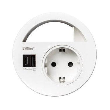 EVOline Circle 80 inbouw stopcontact met USB-A en USB-C lader, wit design, kantooraccessoire