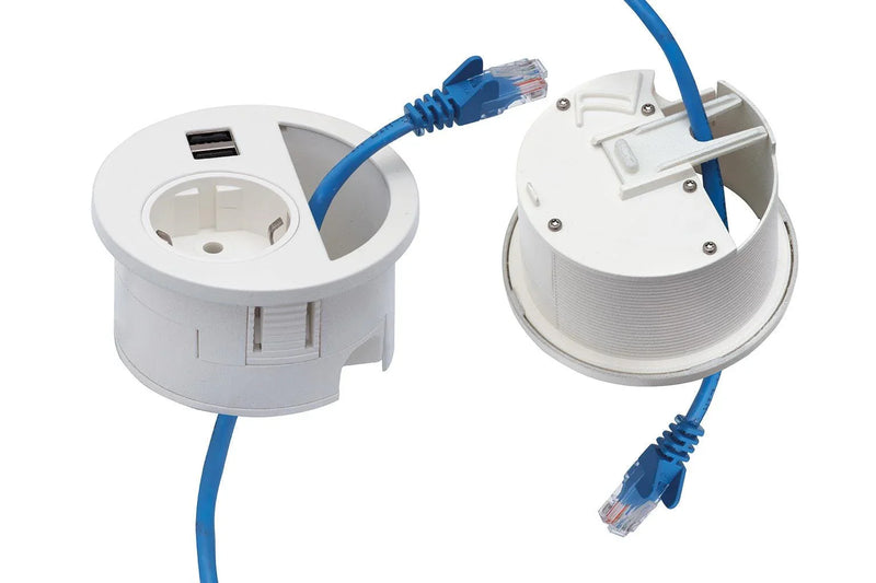Inbouw Evoline Circle 80 wit met stopcontact, USB lader en blauwe ethernetkabel, kantoormeubilair