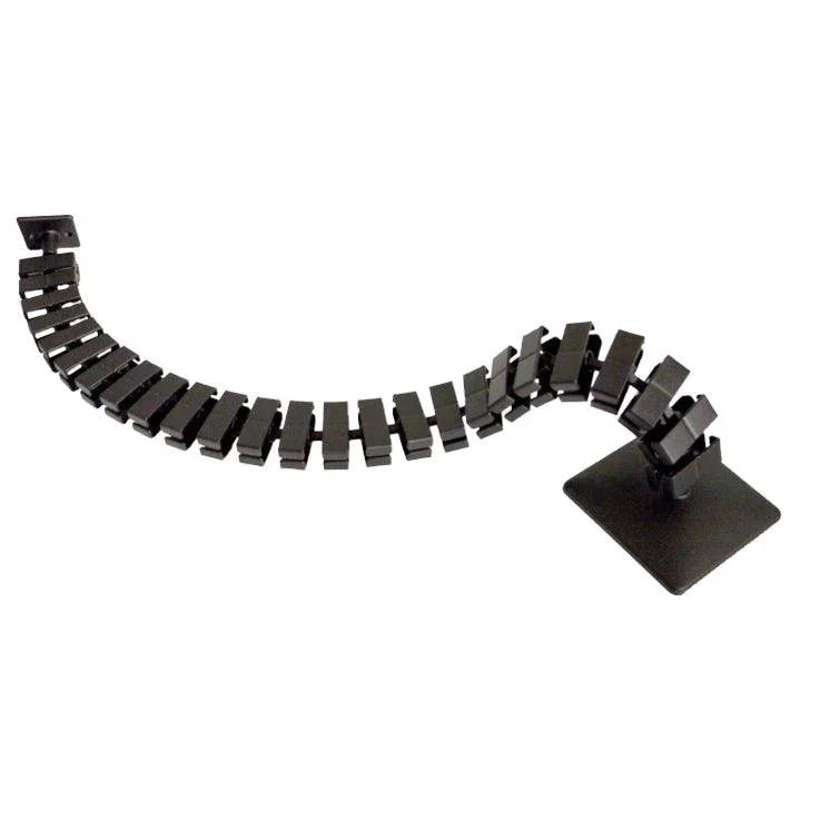 Zwarte kabelslurf voor kabelmanagement onder bureau, handig voor kantoormeubels.