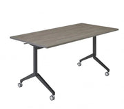 Verrijdbare klaptafel met houten blad en zwart metalen onderstel, kantoormeubilair