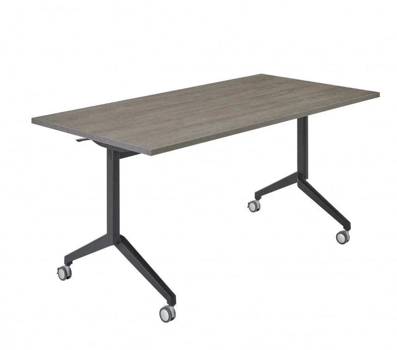 Verrijdbare klaptafel met houten blad en zwart metalen onderstel, kantoormeubilair