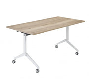 Verrijdbare klaptafel met houten blad en witte T-poot, kantoormeubilair