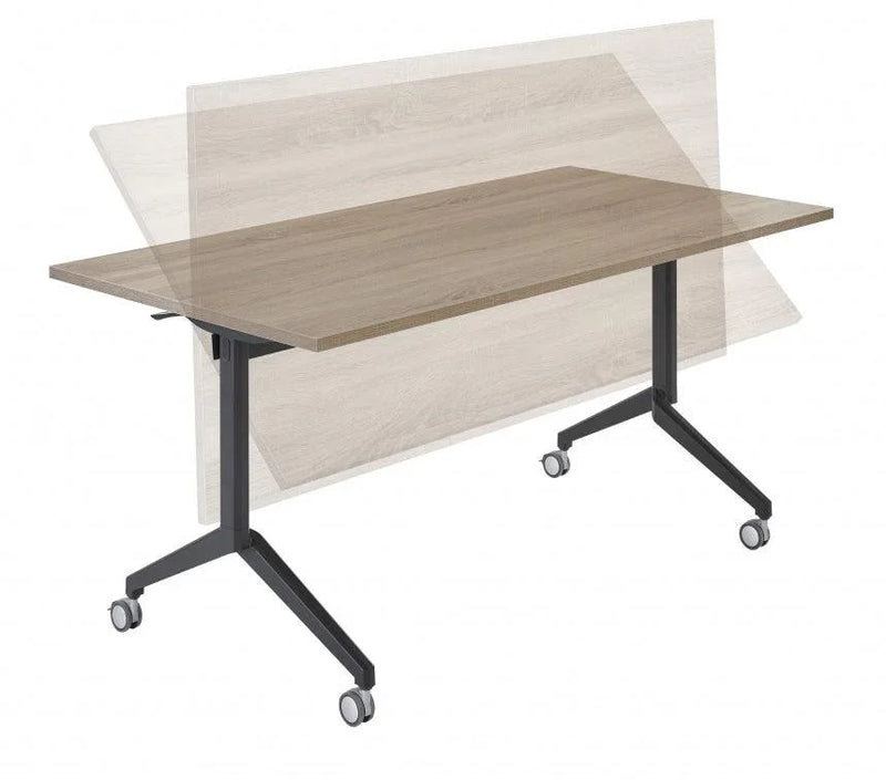 Verrijdbare klaptafel met houtkleurig blad, ideaal voor kantoorinrichting