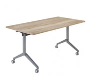 Verrijdbare klaptafel met licht eiken blad en stalen onderstel, kantoormeubilair