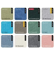 Twaalf Tacito akoestische vilt kleurstalen voor kantoormeubels, waaronder olijfgroen, blauw en grijs.