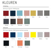 Kleurenoverzicht kantoormeubilair stoffering en kunststof, diverse tinten voor bureaustoelen en meubels.