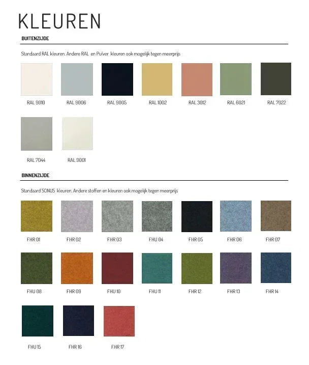 Kleurenoverzicht kantoormeubilair met standaard RAL en SONUS kleuren, inspiratie werkplekken.