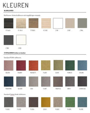 Overzicht van blad- en stoffkleuren voor design kantoormeubilair, hout- en stofstalen in diverse tinten.