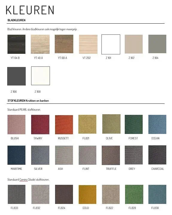 Overzicht van blad- en stoffkleuren voor design kantoormeubilair, hout- en stofstalen in diverse tinten.