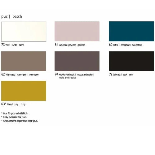 Kleurenkaart voor PUC kantoormeubilair, met zes kleurstalen zoals wit, grijsroze, petrol, warmgrijs, mokka-antraciet, zwart en curry.