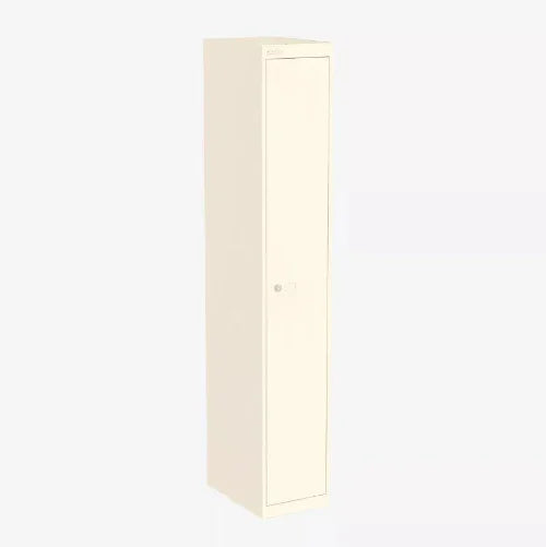 Krijtwitte lockerkast voor kantoor, smal design, ideaal voor werkplek of kantoorruimte.