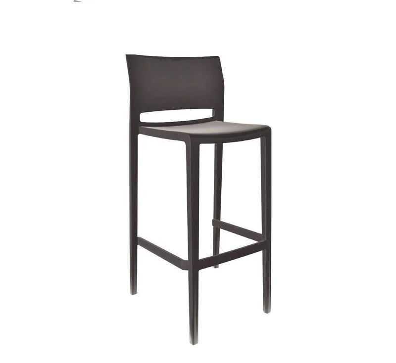 Zwarte kunststof barkruk met rugleuning, moderne kantoor- en designmeubel voor werkplekken