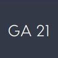 Donkergrijze afbeelding met witte tekst GA 21, minimalistisch design accent.