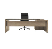 Modern houten directiebureau met L-vorm en zwarte bureaustoel, design kantoormeubilair