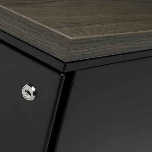 Detail ladeblok design met slot, zwart metalen kast en houtlook blad, kantoormeubilair