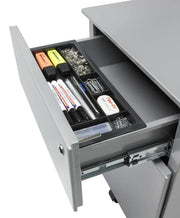 Grijs verrijdbaar ladeblok met geopende lade vol kantoormaterialen, kantoormeubels online