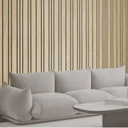 Moderne licht eiken wandpanelen met zachte bank en tafel, kantoormeubilair design