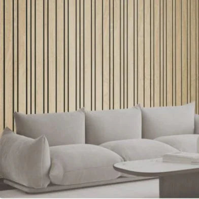 Moderne licht eiken wandpanelen met zachte bank en tafel, kantoormeubilair design