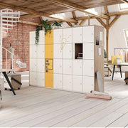 Palmberg Prisma 2 lockerkast kantoor, modern design, wit met gele accenten, inspirerende werkplek.